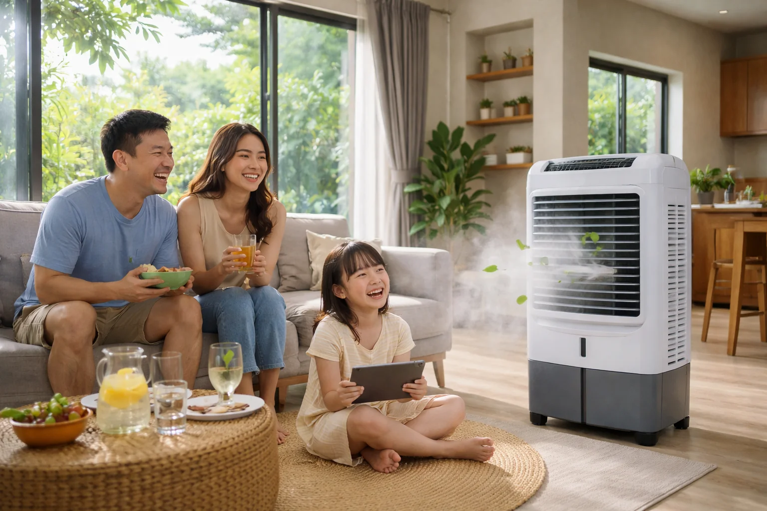 Quạt hơi nước ph&aacute;t huy hiệu quả tốt hơn trong kh&ocirc;ng gian mở v&agrave; th&ocirc;ng tho&aacute;ng